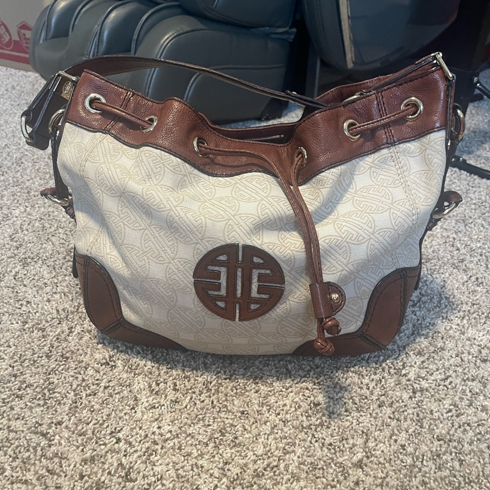ANTONIO MELANI Brown and Cream Shoulder Bag with Leather Accents